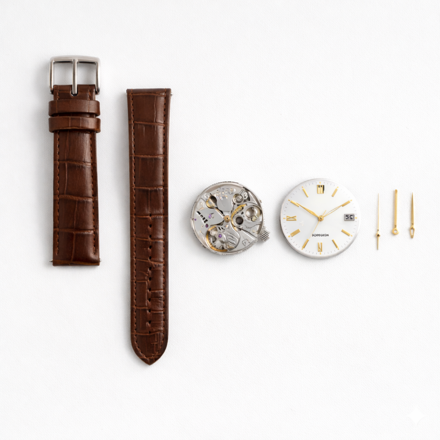 Brown watch strap, watch case, and watch face on a white background